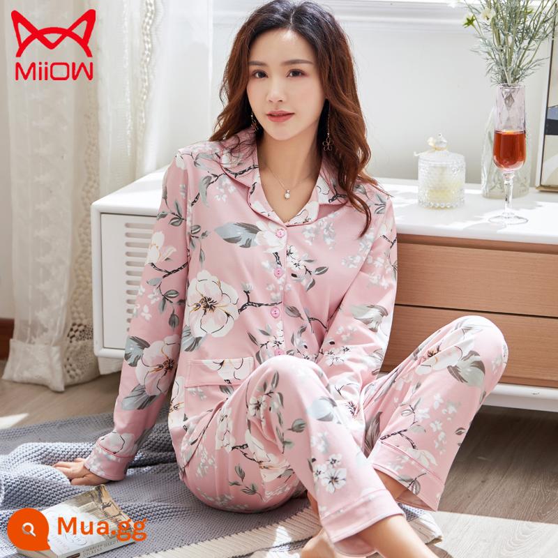 Bộ đồ ngủ mèo của phụ nữ mùa xuân và mùa thu cotton nguyên chất quần dài tay mẹ trung niên có thể mặc bên ngoài bộ đồ phục vụ tại nhà cotton cho phụ nữ - CM:8510