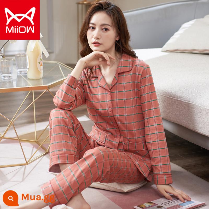 Bộ đồ ngủ mèo của phụ nữ mùa xuân và mùa thu cotton nguyên chất quần dài tay mẹ trung niên có thể mặc bên ngoài bộ đồ phục vụ tại nhà cotton cho phụ nữ - CM:8537[Bức tranh chính bán chạy nhất]