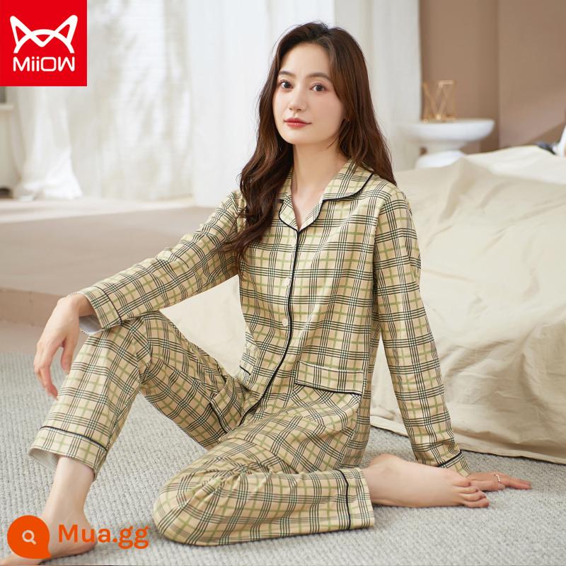 Bộ đồ ngủ mèo của phụ nữ mùa xuân và mùa thu cotton nguyên chất quần dài tay mẹ trung niên có thể mặc bên ngoài bộ đồ phục vụ tại nhà cotton cho phụ nữ - CM:9009