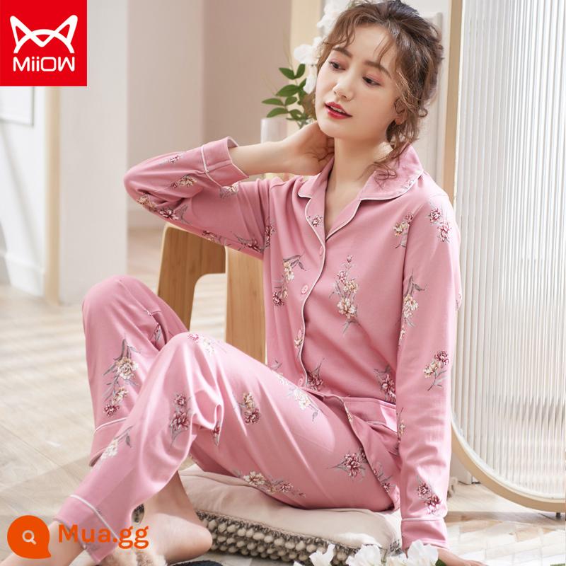 Bộ đồ ngủ mèo của phụ nữ mùa xuân và mùa thu cotton nguyên chất quần dài tay mẹ trung niên có thể mặc bên ngoài bộ đồ phục vụ tại nhà cotton cho phụ nữ - CM:8506