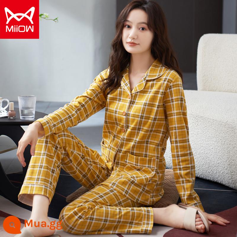 Bộ đồ ngủ mèo của phụ nữ mùa xuân và mùa thu cotton nguyên chất quần dài tay mẹ trung niên có thể mặc bên ngoài bộ đồ phục vụ tại nhà cotton cho phụ nữ - CM:8543