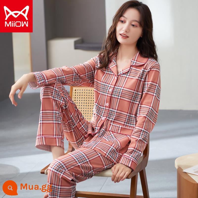 Bộ đồ ngủ mèo của phụ nữ mùa xuân và mùa thu cotton nguyên chất quần dài tay mẹ trung niên có thể mặc bên ngoài bộ đồ phục vụ tại nhà cotton cho phụ nữ - CM:8540