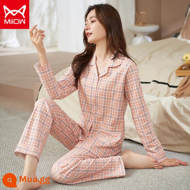 Bộ đồ ngủ mèo của phụ nữ mùa xuân và mùa thu cotton nguyên chất quần dài tay mẹ trung niên có thể mặc bên ngoài bộ đồ phục vụ tại nhà cotton cho phụ nữ - CM:9011