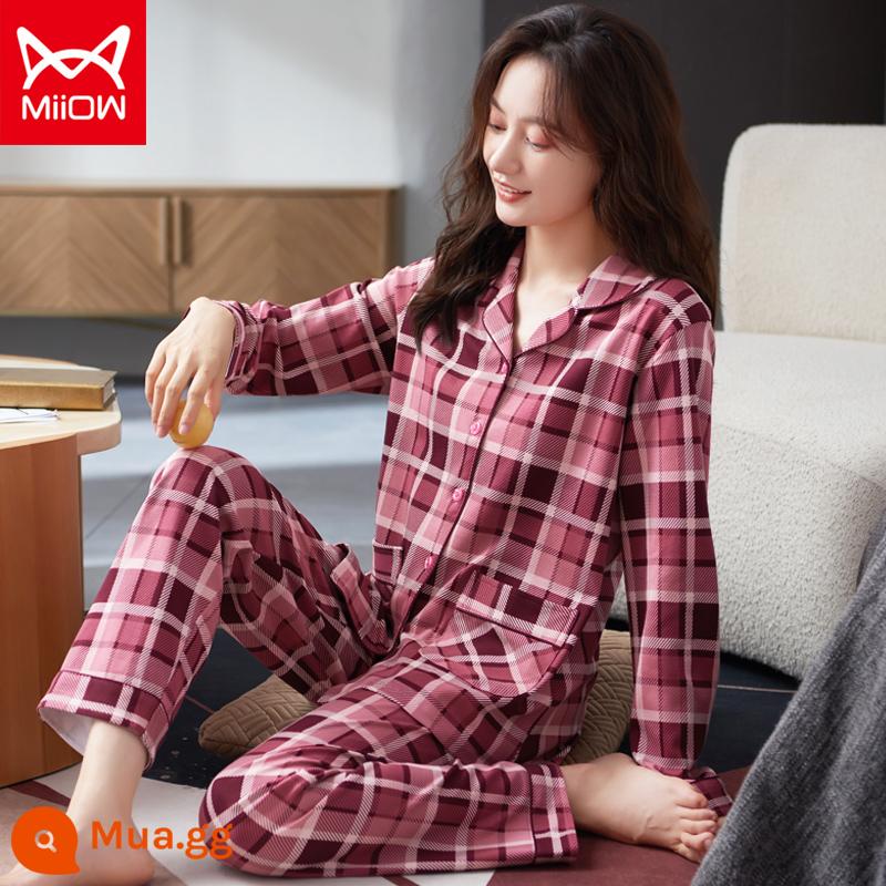 Bộ đồ ngủ mèo của phụ nữ mùa xuân và mùa thu cotton nguyên chất quần dài tay mẹ trung niên có thể mặc bên ngoài bộ đồ phục vụ tại nhà cotton cho phụ nữ - CM:8541