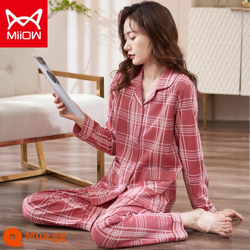 Bộ đồ ngủ mèo của phụ nữ mùa xuân và mùa thu cotton nguyên chất quần dài tay mẹ trung niên có thể mặc bên ngoài bộ đồ phục vụ tại nhà cotton cho phụ nữ - CM:8536