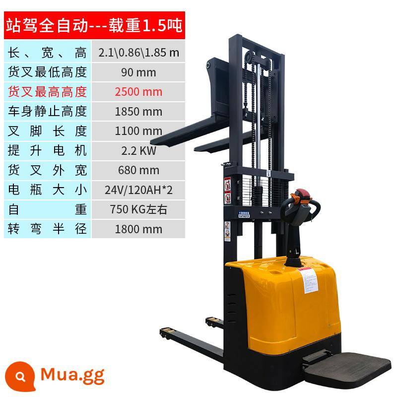 Xe nâng chạy hoàn toàn bằng điện Trạm nâng và xử lý 2 tấn Xe xếp dỡ ngồi trên xe tải xếp dỡ thủy lực sạc nhỏ 1 tấn - Tải trọng 1,5 tấn, nâng 2,5 mét (đứng và lái hoàn toàn bằng điện)