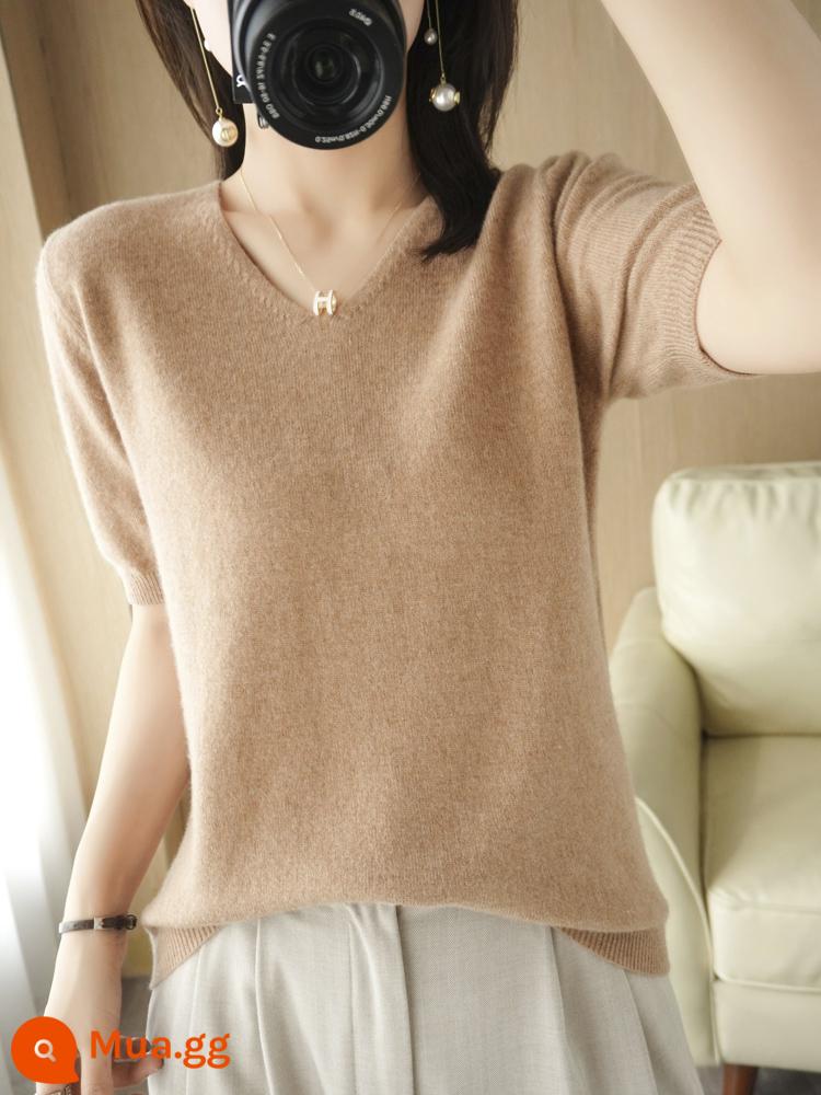 Áo len cardigan ngắn tay mùa xuân và mùa thu mùa hè cổ chữ V nửa tay mùa hè của phụ nữ Áo len cashmere mỏng Áo len đáy mỏng - Lạc đà vàng [cổ chữ V]