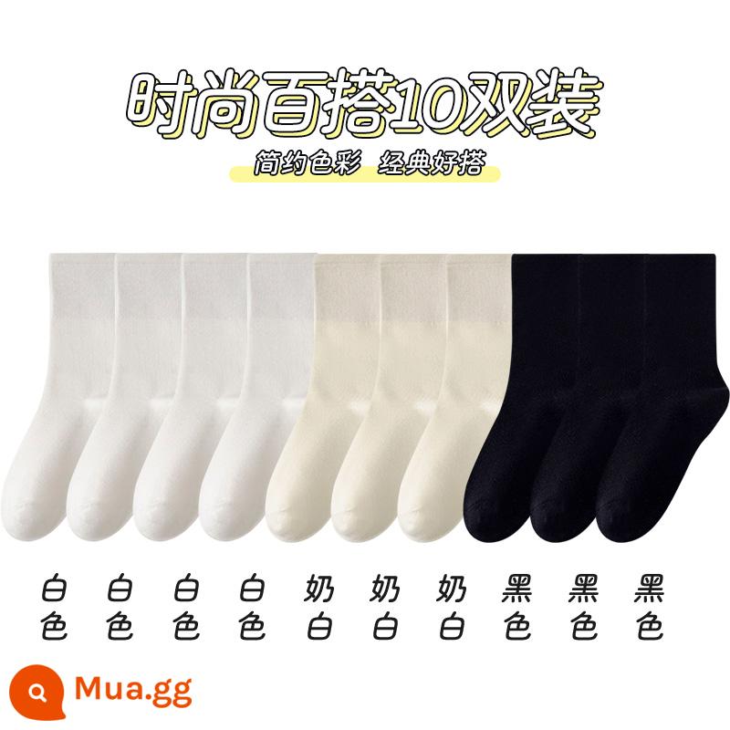 Tất bong bóng màu trắng Tất dài đến bắp chân của phụ nữ Cotton nguyên chất Tất mùa xuân và mùa hè không xương Tất đen khử mùi mùa xuân và mùa thu Tất vớ - [10 đôi] trắng 4+trắng sữa 3+đen 3