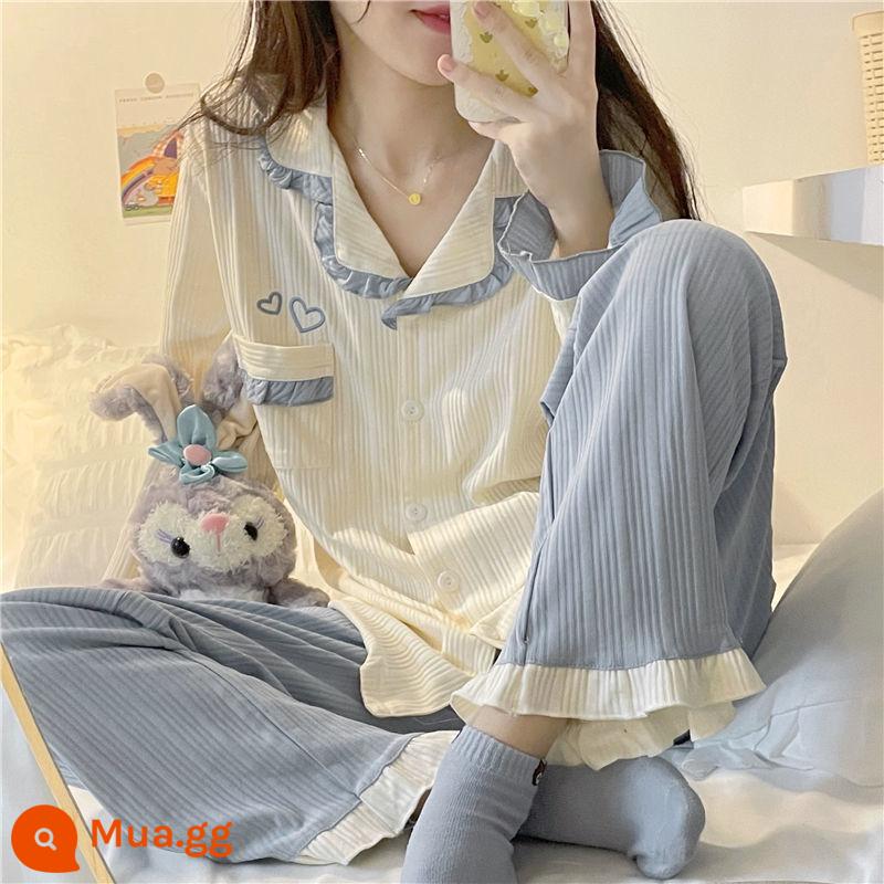 Kích thước lớn 300 catties mùa xuân và mùa thu phần mỏng nối bộ đồ ngủ dài tay phù hợp với chất béo mm màu sắc dễ thương ngọt ngào dịch vụ tại nhà ins - Áo cardigan ren AISO trái tim