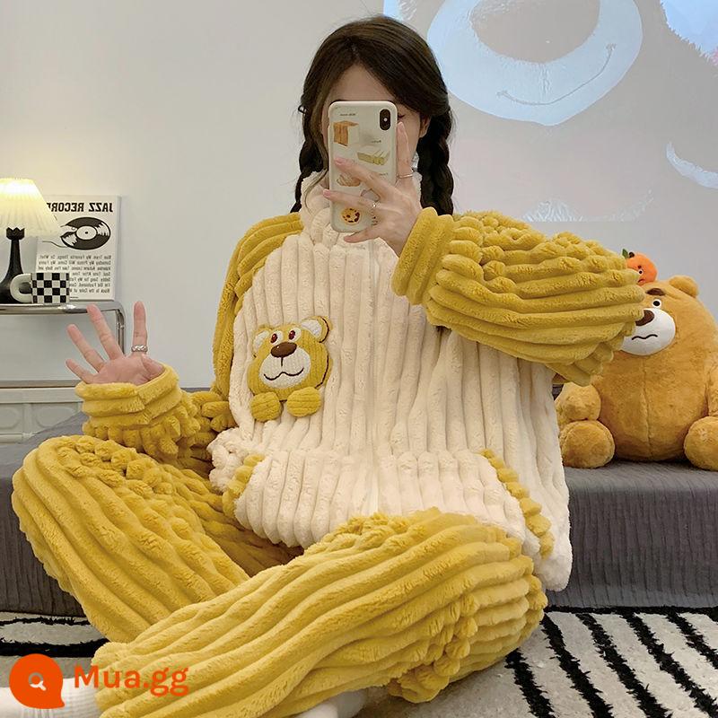 Kích thước lớn mỡ MM mùa thu đông dày san hô trang đồ ngủ nữ 200 catties gấu cardigan dây kéo dịch vụ tại nhà phù hợp với ins - 662 màu vàng