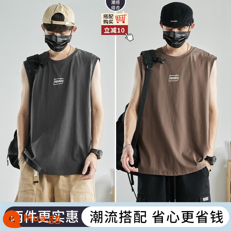 Áo thun không tay nam mùa hè bé trai hợp thời trang vest áo khoác nam cotton thuần thể thao lưới đỏ thể dục bóng rổ vest nam - Xám đậm + nâu (2 cái giảm 10 cái)