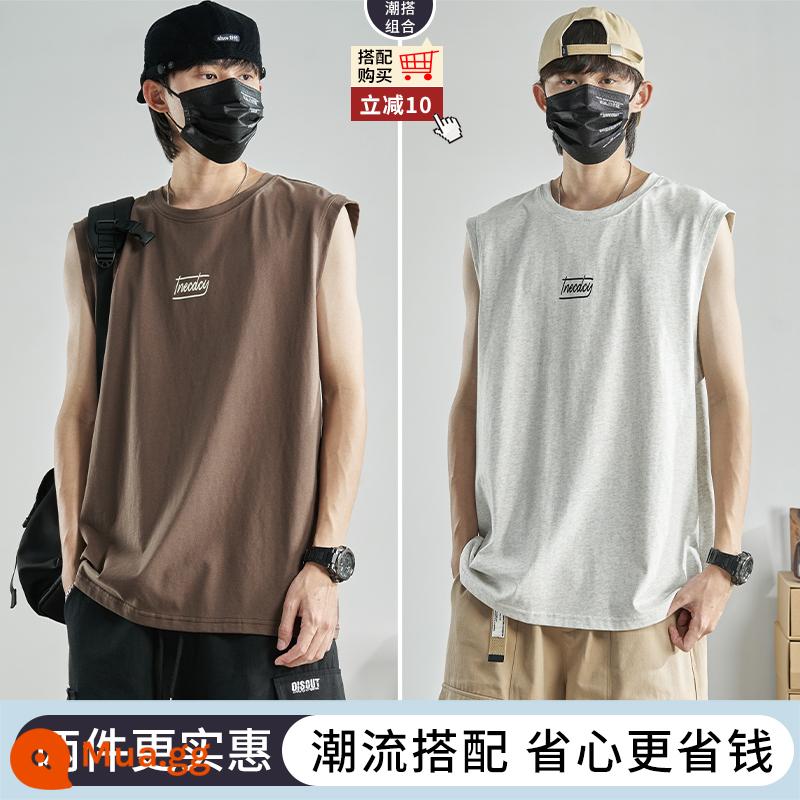 Áo thun không tay nam mùa hè bé trai hợp thời trang vest áo khoác nam cotton thuần thể thao lưới đỏ thể dục bóng rổ vest nam - Nâu + xám nhạt (2 cái giảm 10 cái)