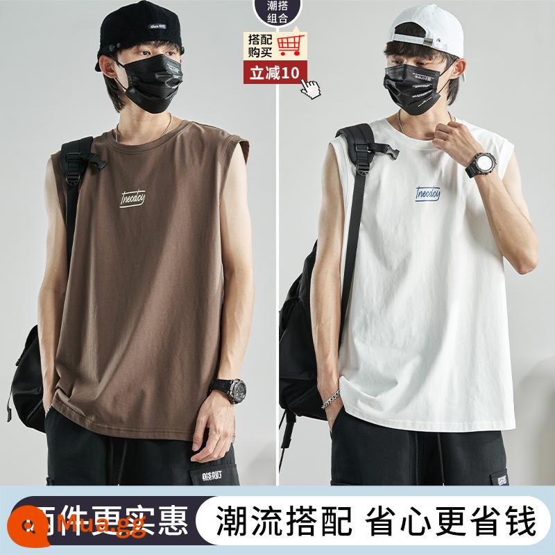 Áo thun không tay nam mùa hè bé trai hợp thời trang vest áo khoác nam cotton thuần thể thao lưới đỏ thể dục bóng rổ vest nam - Nâu + trắng (2 cái giảm 10 cái)