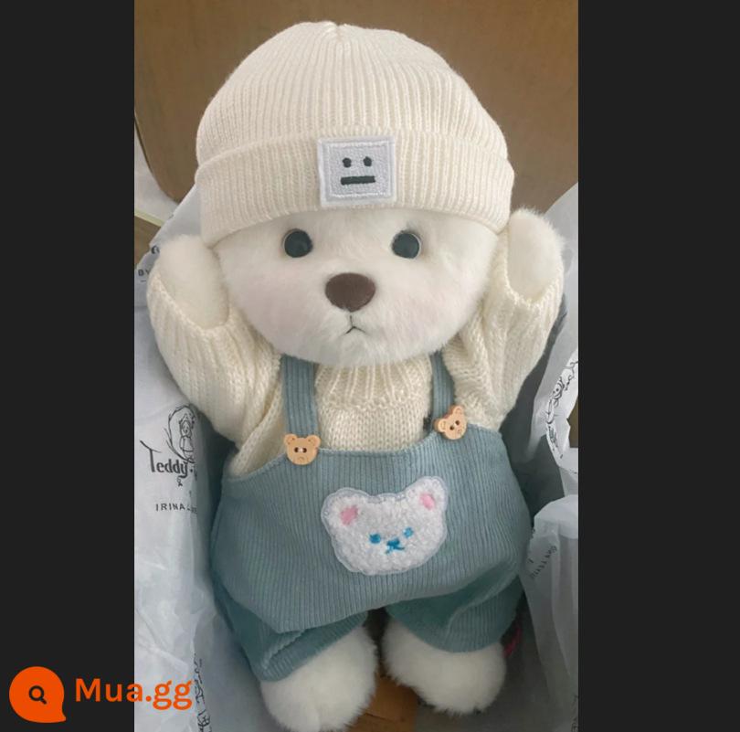 Chính hãng gấu Irina handmade quần áo búp bê teddybear Macron Gấu Lina chính hãng đồ chơi sang trọng - Túi trẻ em màu xanh và mũ len trắng (quần áo + sữa và gấu trắng + hộp quà sang trọng)