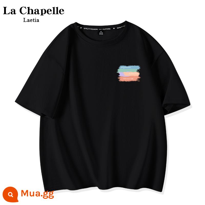 Áo thun trắng ngắn tay sọc màu La Chapelle nữ 2023 cotton mùa hè mới trễ vai cặp đôi hàng đầu X - Cuộc sống đầy màu sắc đen_K