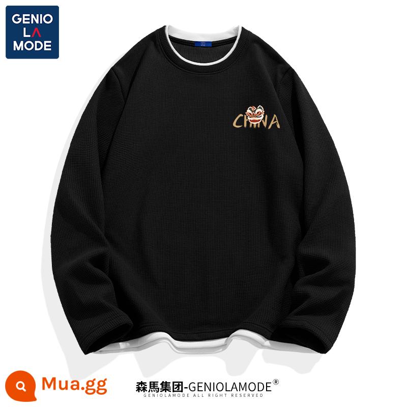 Semir Group GENIOLAMODE triều thương hiệu T-shirt nam mùa hè tuổi teen nam sinh viên waffle nam ngắn tay - [Tay dài] Đen (Logo ngực sư tử Kung Fu)