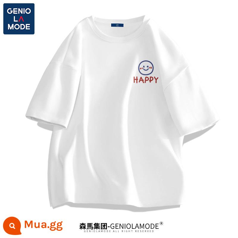 Semir Group GENIOLAMODE áo thun nam ngắn tay mặt cười đơn giản mùa hè nam màu xanh lá cây rộng - Màu trắng (Nhãn ngực mặt cười vui vẻ)