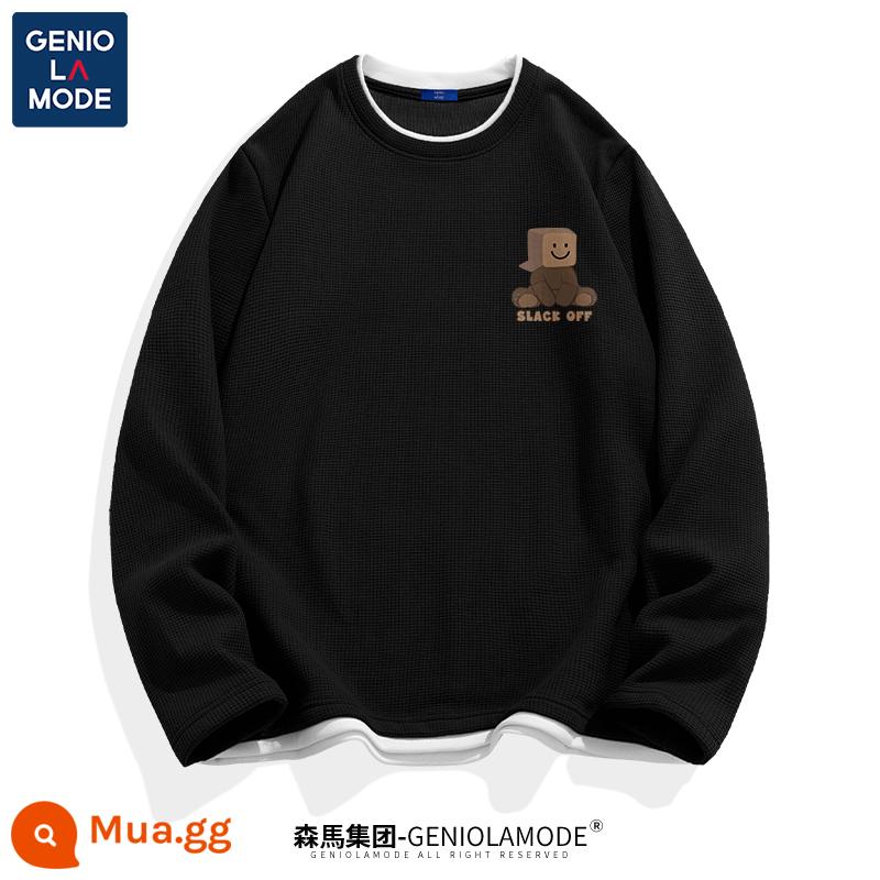 Semir Group GENIOLAMODE triều thương hiệu T-shirt nam mùa hè tuổi teen nam sinh viên waffle nam ngắn tay - [Tay dài] Đen (Logo ngực hộp) Waffle giả tay áo dài hai mảnh