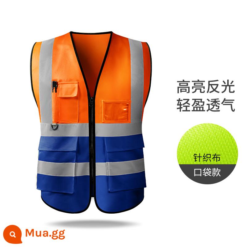 Aoyou áo phản quang an toàn công trường xây dựng vest công nhân vệ sinh giao thông quần áo huỳnh quang in lưới - Túi ghép nhiều màu cam + xanh