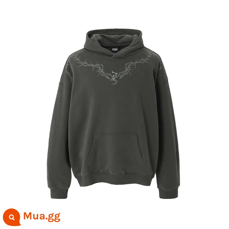 JHYQ mùa xuân và mùa thu cơ bản gai loạt LOGO in offset 360g áo nỉ trùm đầu nam dáng rộng dệt kim áo hoodie nữ sinh viên - xám