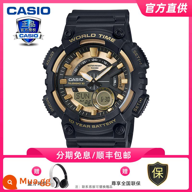 Đồng hồ CASIO nam năng lượng mặt trời đen chiến binh thể thao đồng hồ điện tử nữ đồng hồ chính hãng chính hãng AQS810w - Chiến binh vàng đen AEQ-110BW-9AVDF/con trỏ phát sáng/có thể bơi được/tai nghe Bluetooth không dây miễn phí