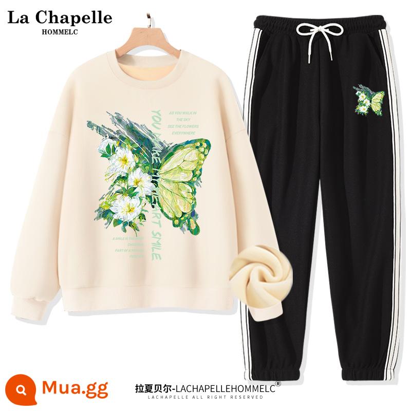 Bộ đồ thể thao nữ La Chapelle mùa xuân và mùa thu 2022 mới mùa thu cỡ lớn quần dài nữ 2 món - [Phong cách lông cừu] Màu trắng sữa (sơn dầu lớn màu xanh lá cây bướm) + quần đen (nhãn quần áo sơn dầu màu xanh lá cây bướm)