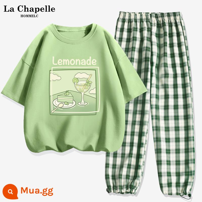 Bộ đồ thể thao La Chapelle nữ mùa hè 2023 tân sinh viên cotton mùa hè quần kẻ sọc ngắn tay bộ đồ hai mảnh X - Xanh trái cây (chanh tươi) + quần xanh đậm (trống)