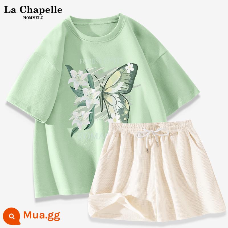 La Chapelle Bộ Đồ Thể Thao Nữ Mặc Mùa Hè 2023 Áo Thun Cotton Mùa Hè Mới Quần Short Nữ Tay Ngắn 2 Bộ - Xanh trái cây (hoa huệ bướm) + quần trắng sữa (trống)