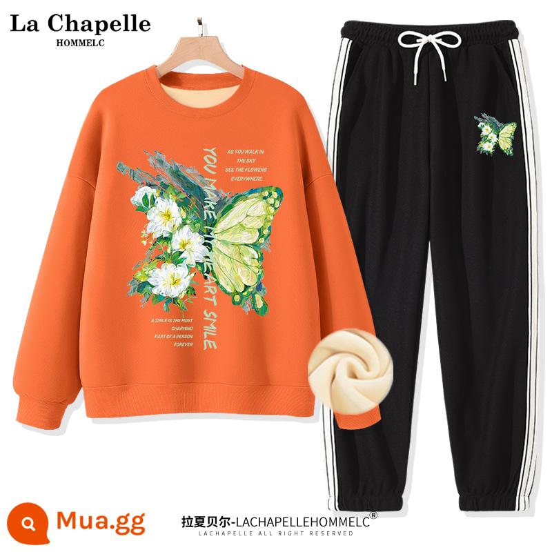 Bộ đồ thể thao nữ La Chapelle mùa xuân và mùa thu 2022 mới mùa thu cỡ lớn quần dài nữ 2 món - [Phong cách lông cừu] Màu cam ấm áp (sơn dầu lớn màu xanh lá cây con bướm) + quần đen (logo quần màu xanh lá cây sơn dầu)