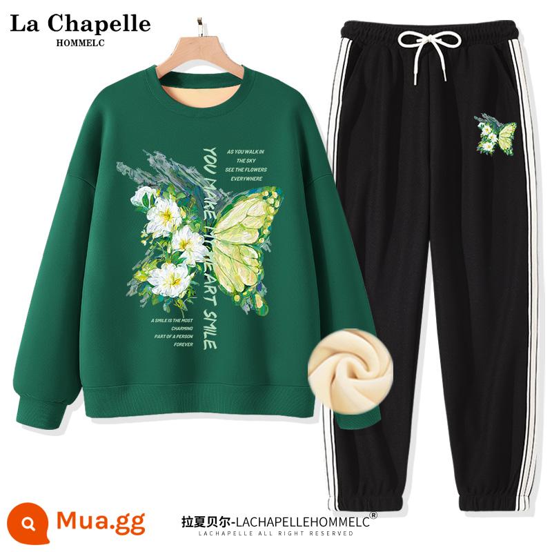 Bộ đồ thể thao nữ La Chapelle mùa xuân và mùa thu 2022 mới mùa thu cỡ lớn quần dài nữ 2 món - [Phong cách lông cừu] Màu xanh đậm (sơn dầu lớn màu xanh lá cây con bướm) + quần đen (logo quần màu xanh lá cây tranh sơn dầu)