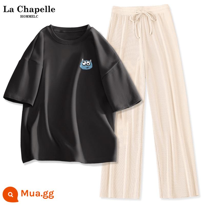 Bộ đồ thể thao La Chapelle nữ 2023 mùa hè mới cotton nữ tay ngắn lụa băng quần ống rộng 2 bộ J - Xám đậm (logo ngực xấu) + quần mai (trống)