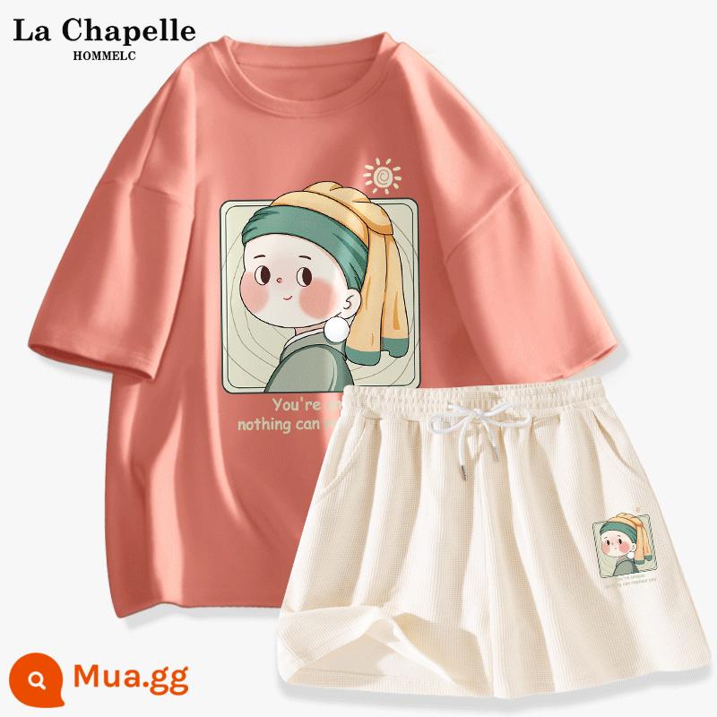 Quần short ngắn tay La Chapelle Bộ đồ thể thao nữ mùa hè 2023 học sinh cấp 2 mới đồ thể thao hai mảnh mùa hè J - Hồng cam (Pearl Girl) + trắng sữa (Nhãn quần Pearl Girl)