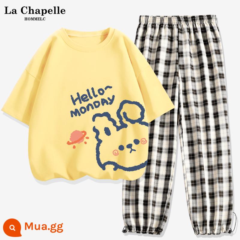 Bộ đồ thể thao La Chapelle nữ mùa hè 2023 tân sinh viên cotton mùa hè quần kẻ sọc ngắn tay bộ đồ hai mảnh X - Màu vàng ngỗng (chỉ số bên trái Hi Bunny) + quần đen trắng (để trống)