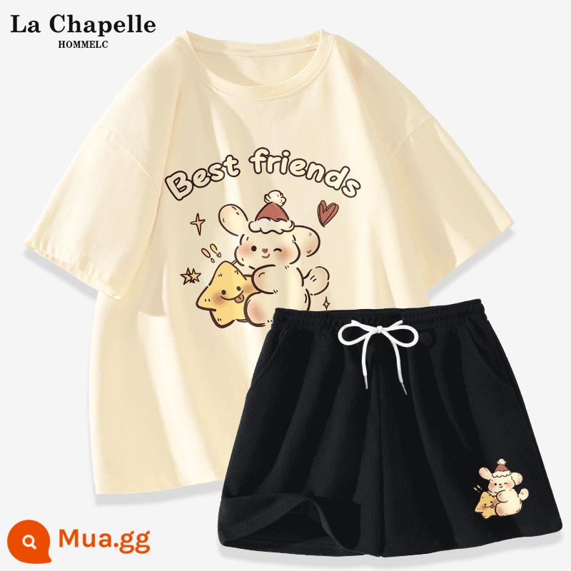 La Chapelle Bộ Đồ Thể Thao Nữ Mặc Mùa Hè 2023 Áo Thun Cotton Mùa Hè Mới Quần Short Nữ Tay Ngắn 2 Bộ - Màu trắng sữa (Thỏ giữ ngôi sao) + Đen (Quần thỏ giữ ngôi sao chỉ số phía trước bên trái)