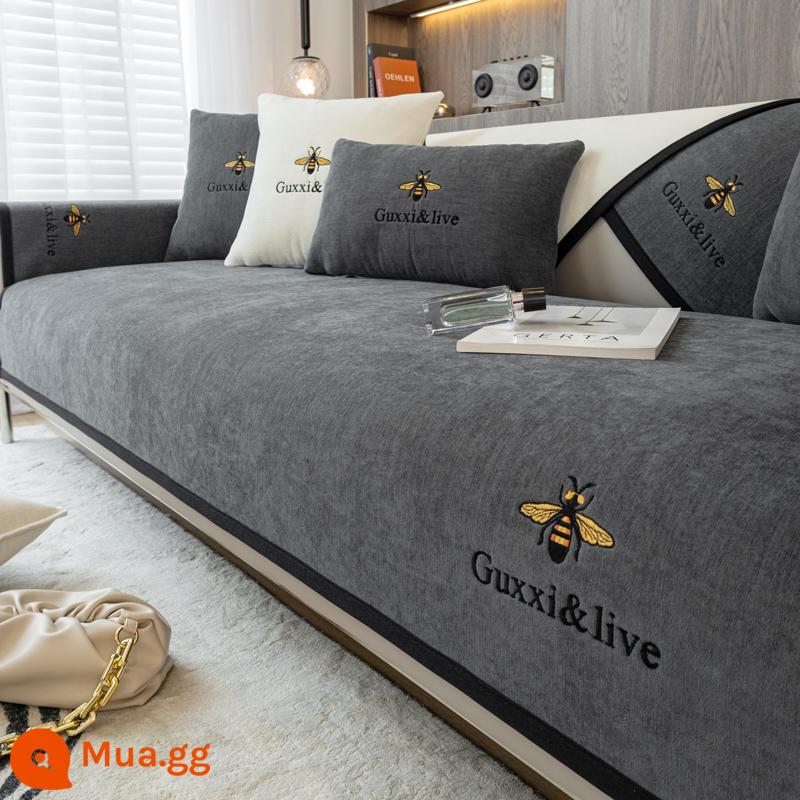 Bắc Âu Ghế Sofa Đệm Bốn Mùa Đa Năng Chống Trơn Trượt Đơn Giản Hiện Đại Viền Da Đệm Tay Tựa Lưng Khăn Bọc Vải - Màu xám mực ong