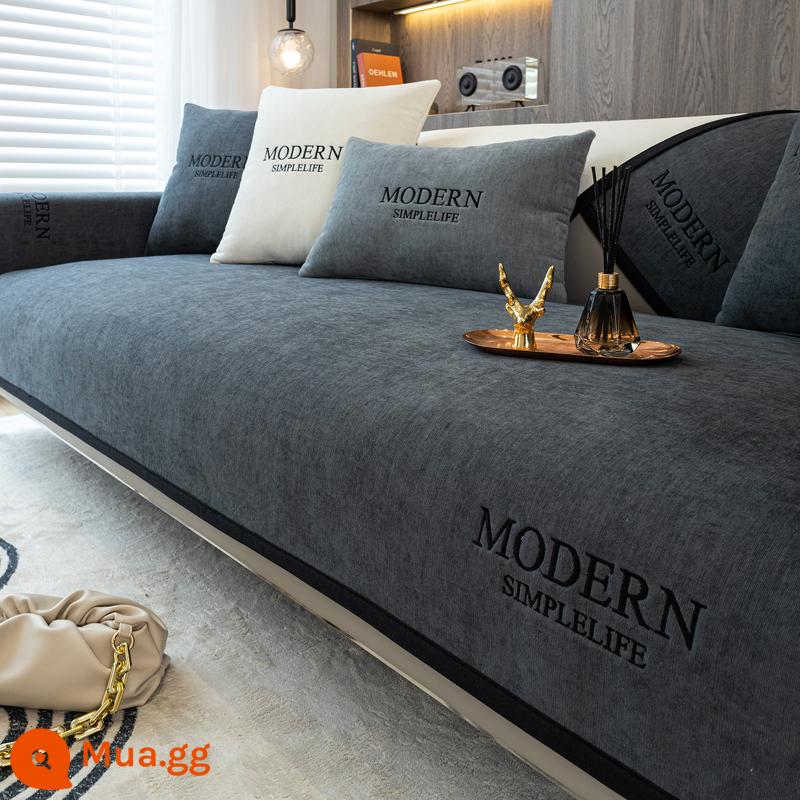 Bắc Âu Ghế Sofa Đệm Bốn Mùa Đa Năng Chống Trơn Trượt Đơn Giản Hiện Đại Viền Da Đệm Tay Tựa Lưng Khăn Bọc Vải - Nellie - xám đậm