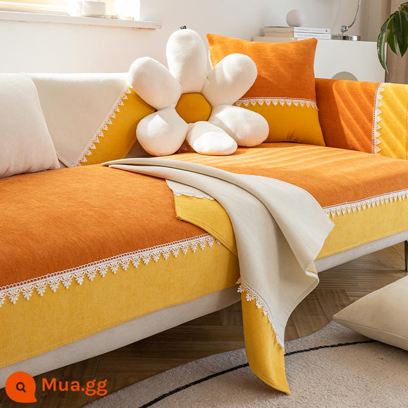 Mùa Đông Bắc Âu Sofa Đệm Da Chống Trơn Trượt Ghế Sofa Bốn Mùa Đa Năng Viền Cao Cấp Đệm Lưng Khăn Bao vải - Mùa thu sen đỏ cam