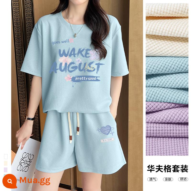 Bộ quần áo thể thao Jeanswest LIFE quần áo mùa hè nữ 2023 mới rộng rãi quần short ngắn tay hai mảnh giản dị thủy triều mùa hè - [Phiên bản dài vừa phải] Hoa xanh bạc hà và graffiti+[quần ba phần tư] trái tim xanh bạc hà k