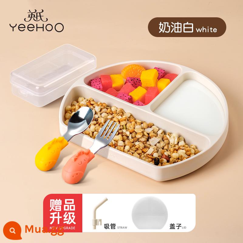 Ying's baby Dĩa ăn dặm silicone trẻ em học ăn bát kiểu mút dễ thương cho trẻ sơ sinh và trẻ nhỏ với đĩa lưới thức ăn không chủ yếu 1991 - Màu trắng kem + tấm che bụi kháng khuẩn miễn phí + nĩa tập tay cầm ngắn [vật liệu cấp thực phẩm]