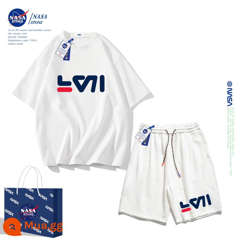 Bộ quần áo mùa hè cho bé trai của NASA áo thun cotton nguyên chất 2023 thương hiệu mới hợp thời trang mùa hè dành cho nữ quần áo thể thao cho bé trai lớn - Quần trắng + trắng