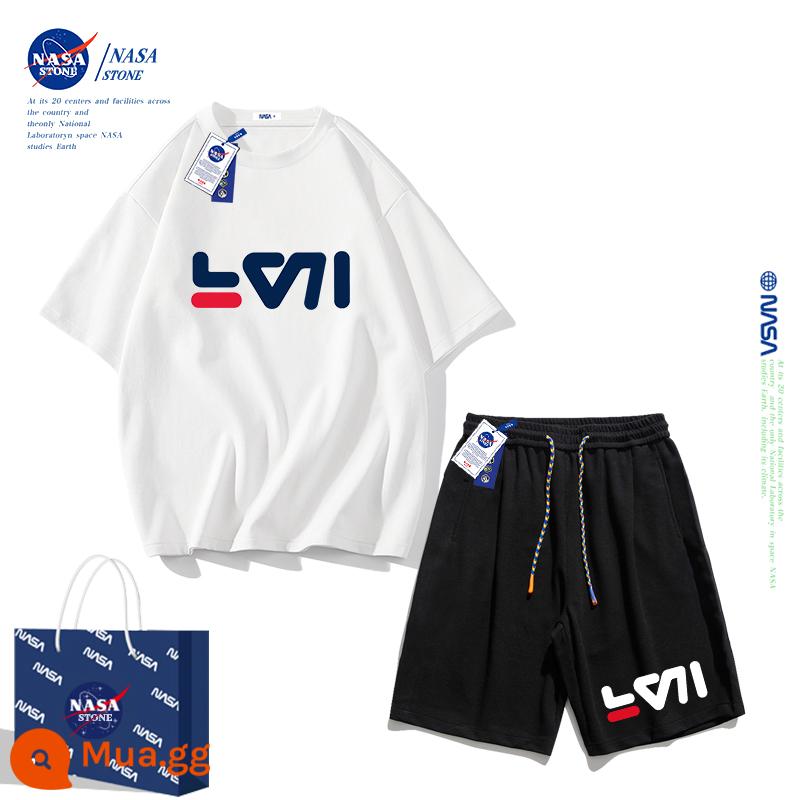 Bộ quần áo mùa hè cho bé trai của NASA áo thun cotton nguyên chất 2023 thương hiệu mới hợp thời trang mùa hè dành cho nữ quần áo thể thao cho bé trai lớn - Quần trắng + đen