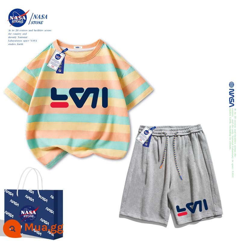 Bộ quần áo mùa hè cho bé trai của NASA áo thun cotton nguyên chất 2023 thương hiệu mới hợp thời trang mùa hè dành cho nữ quần áo thể thao cho bé trai lớn - Sọc vàng xanh + quần xám