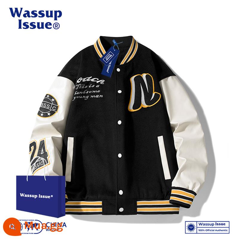 WASSUP ISSUE Đồng phục bóng chày Mỹ áo khoác dày nam cặp đôi hợp thời trang thương hiệu áo khoác bomber mùa đông - Đen 22119