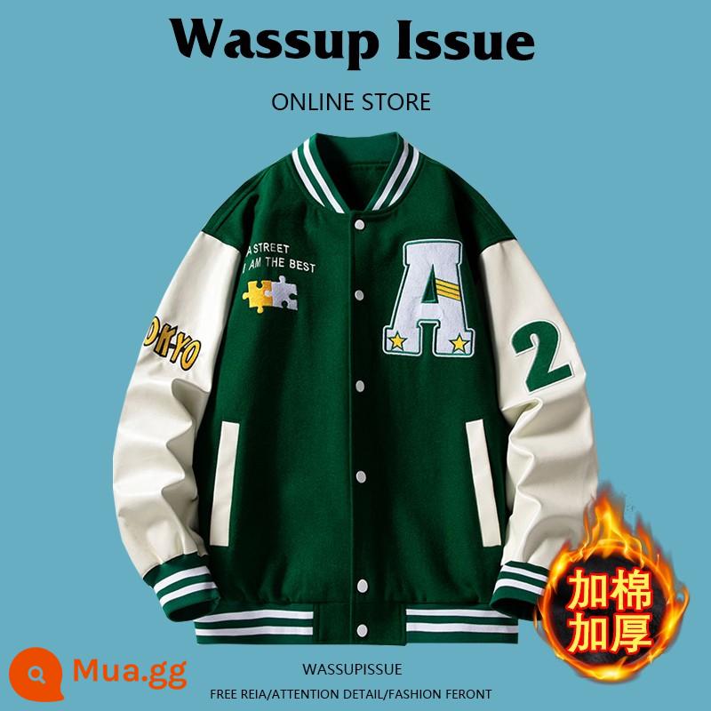 WASSUP ISSUE Đồng phục bóng chày Mỹ áo khoác dày nam cặp đôi hợp thời trang thương hiệu áo khoác bomber mùa đông - Xanh [bông dày] 22120