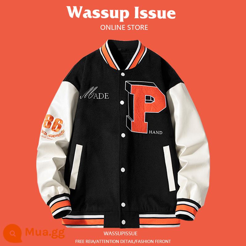 WASSUP ISSUE Đồng phục bóng chày Mỹ áo khoác dày nam cặp đôi hợp thời trang thương hiệu áo khoác bomber mùa đông - Đen 22115