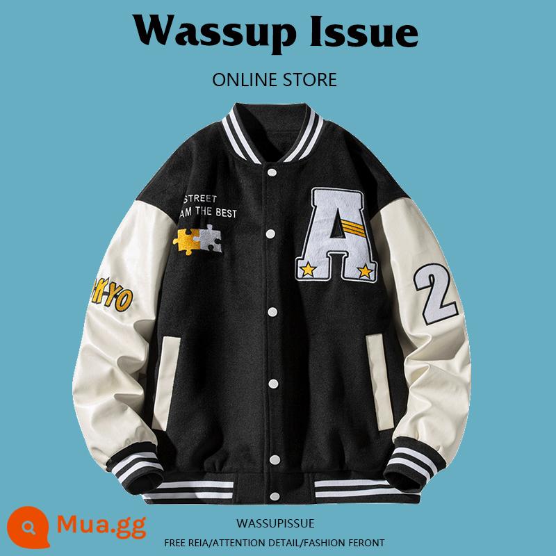 WASSUP ISSUE Đồng phục bóng chày Mỹ áo khoác dày nam cặp đôi hợp thời trang thương hiệu áo khoác bomber mùa đông - Đen 22120