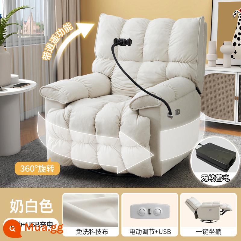 Đa năng ghế sofa đơn kem ngả lưng và ngủ phòng khách phòng ngủ ghế bập bênh không gian hạng nhất ghế sofa lười cabin - [Vải Kỹ Thuật] Ngồi Nằm Điện Màu Trắng + Lắc Xoay + Bộ Lưu Điện Không Dây + Giá Đỡ Điện Thoại