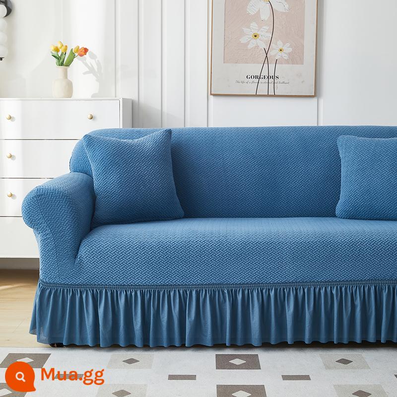 Vỏ bọc ghế sofa một hai ba hàng thẳng Vỏ bọc đàn hồi bao gồm tất cả bốn mùa đơn kiểu cũ - Lưới chữ T - xanh (kiểu váy)