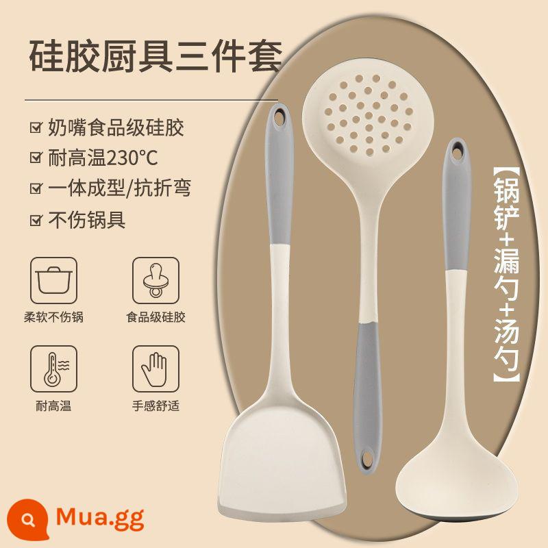 Thìa silicone đặc biệt dành cho nồi chống dính gia đình, thìa nấu ăn chịu nhiệt độ cao, thìa súp, bộ dụng cụ nhà bếp cấp thực phẩm - Bộ thìa và thìa có màu tương phản màu trắng kem và xám-ba chiếc