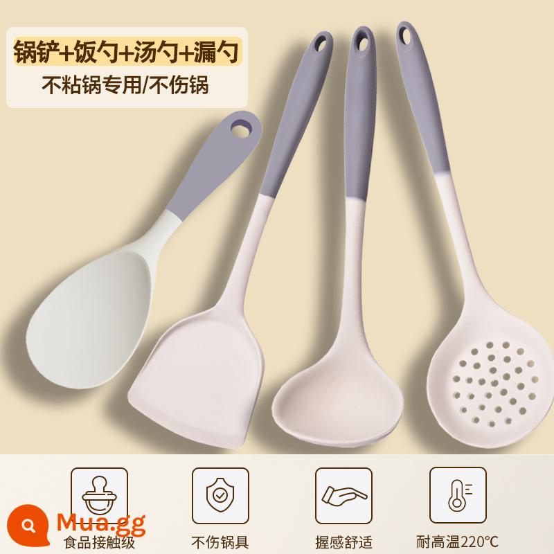 Thìa silicone đặc biệt dành cho nồi chống dính gia đình, thìa nấu ăn chịu nhiệt độ cao, thìa súp, bộ dụng cụ nhà bếp cấp thực phẩm - Màu tương phản trắng kem và xám - bộ thìa và thìa hoàn chỉnh - bốn gói